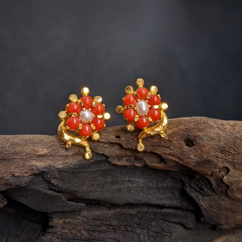92.5 Sterling Silver Earrings Red Coral Hoop Earrings