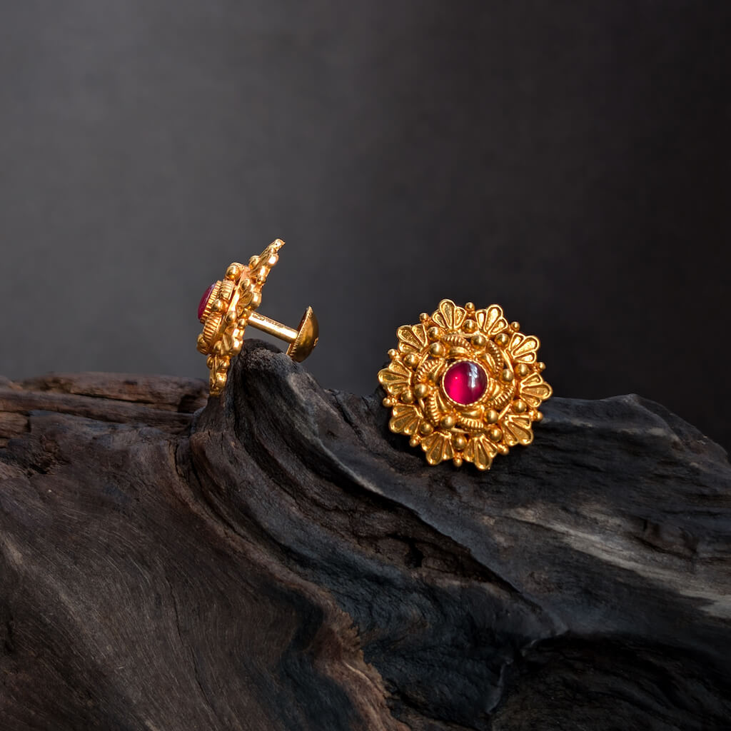 Earring - Antique Round Floral with Cob Ruby Earring - Antique Round Floral with Cob Ruby