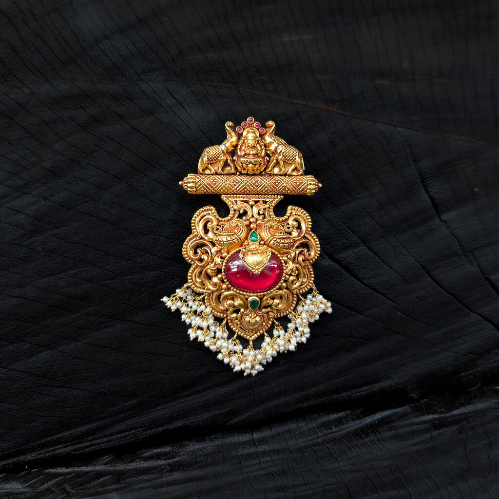 Pendant - 3L - Antique Gaja Lakshmi Cob Ruby Emerald Pearl Pendant - 3L - Antique Gaja Lakshmi Cob Ruby Emerald Pearl