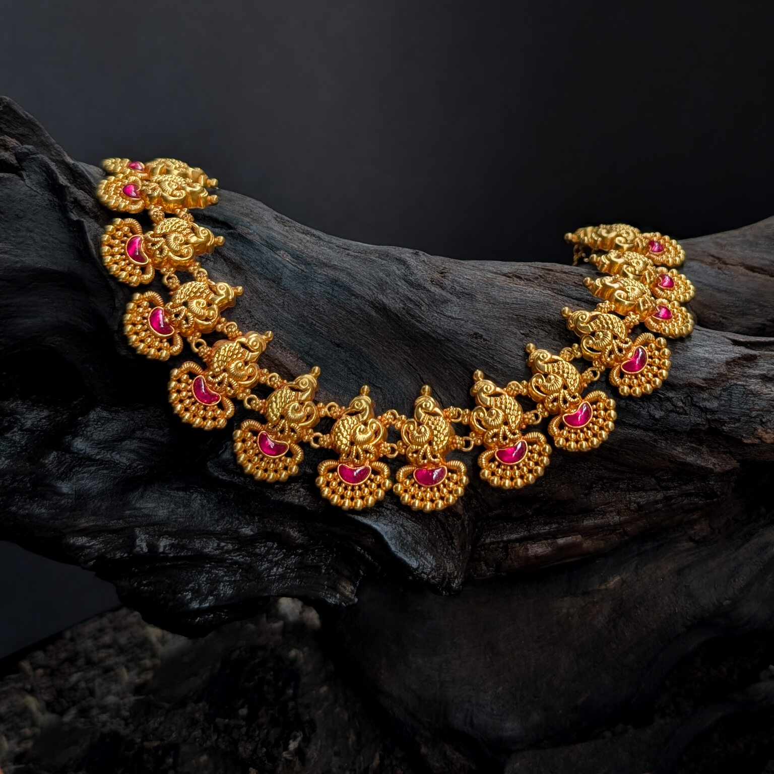 Necklace - Short - Antique Peacock Motif Cob Ruby Necklace - Short - Antique Peacock Motif Cob Ruby