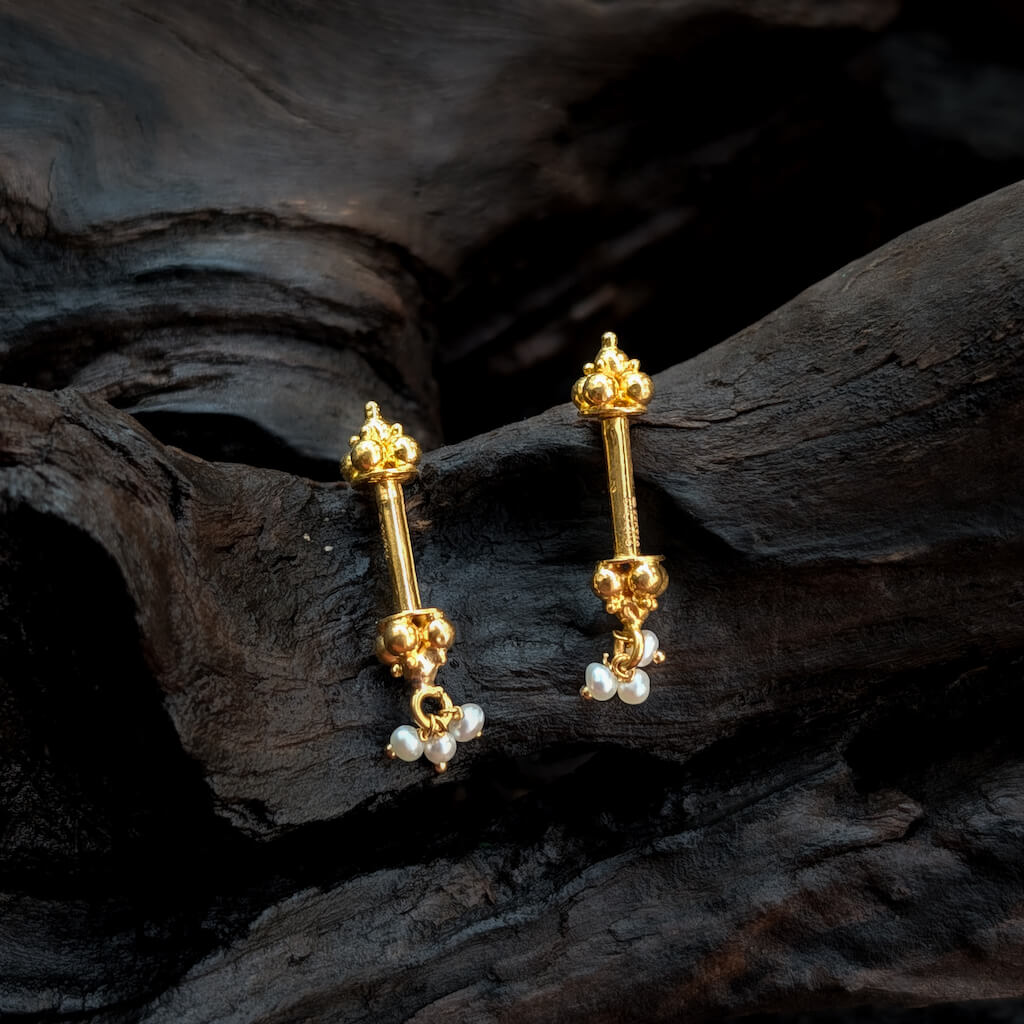 Earring – Gold Balls Bugudi With Pearl Hanging