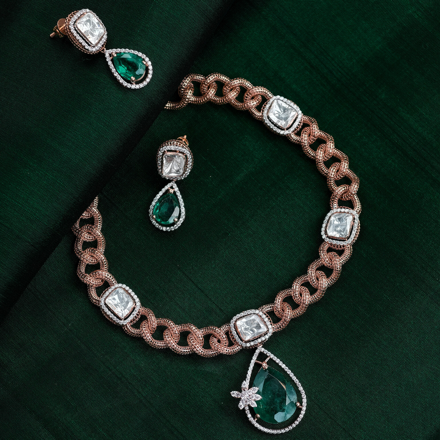 Necklace Set - Rose Gold - White Cz Moissanite Green Necklace Set - Rose Gold - White Cz Moissanite Green