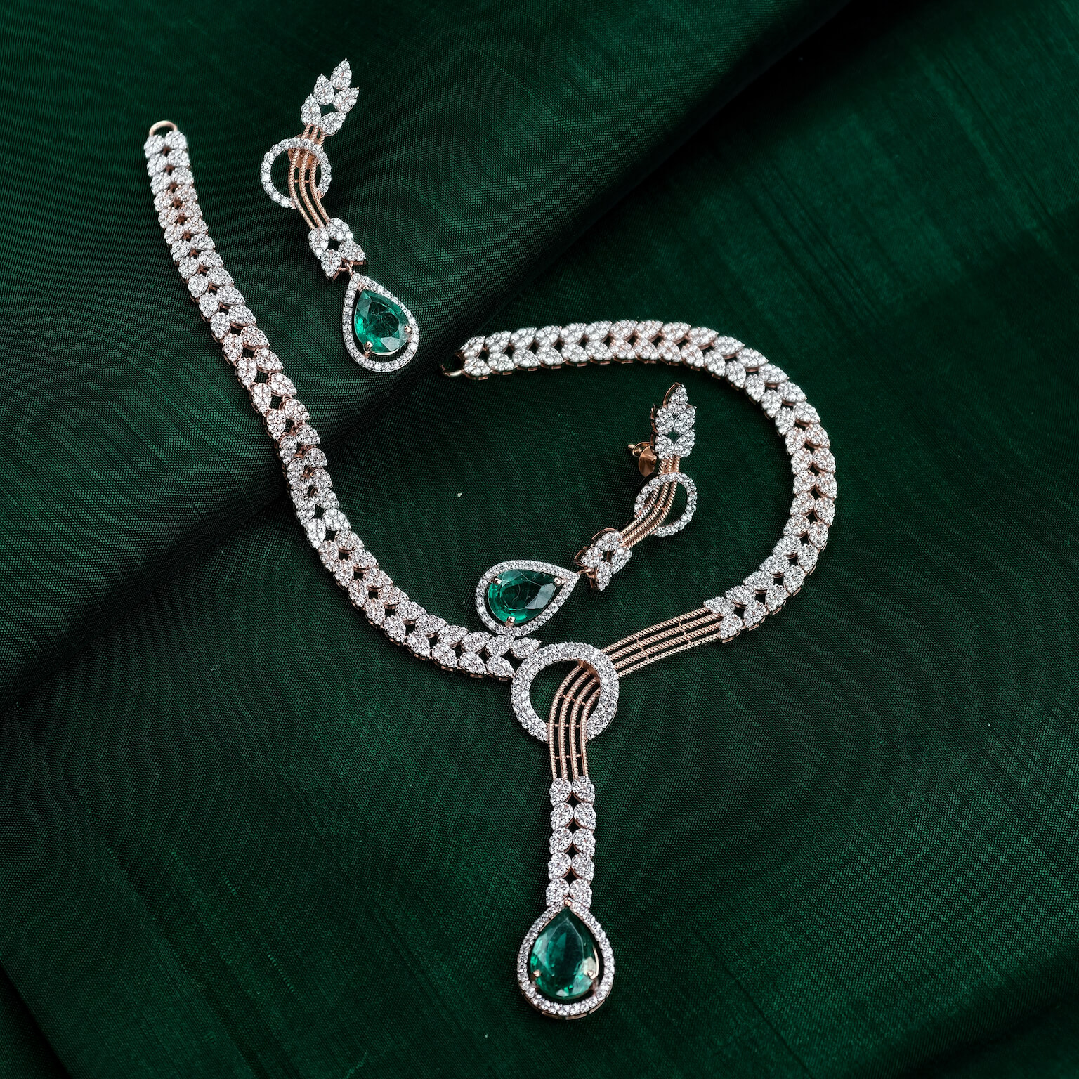 Necklace Set - Rose Gold - White Cz Green Stone Necklace Set - Rose Gold - White Cz Green Stone